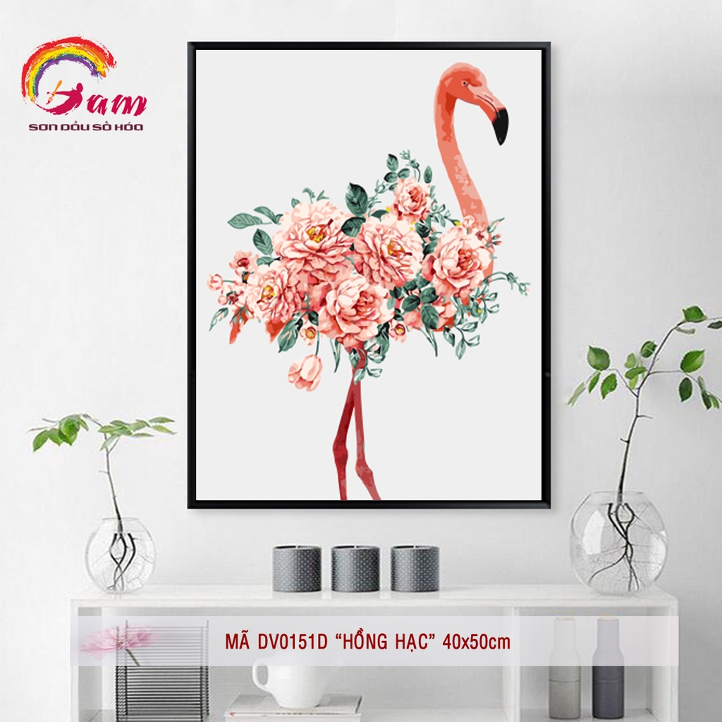 Tranh sơn dầu số hóa tự tô màu theo số treo tường Hồng hạc Flamingo khung dày 2,5cm căng sẵn khung size 40x50cm