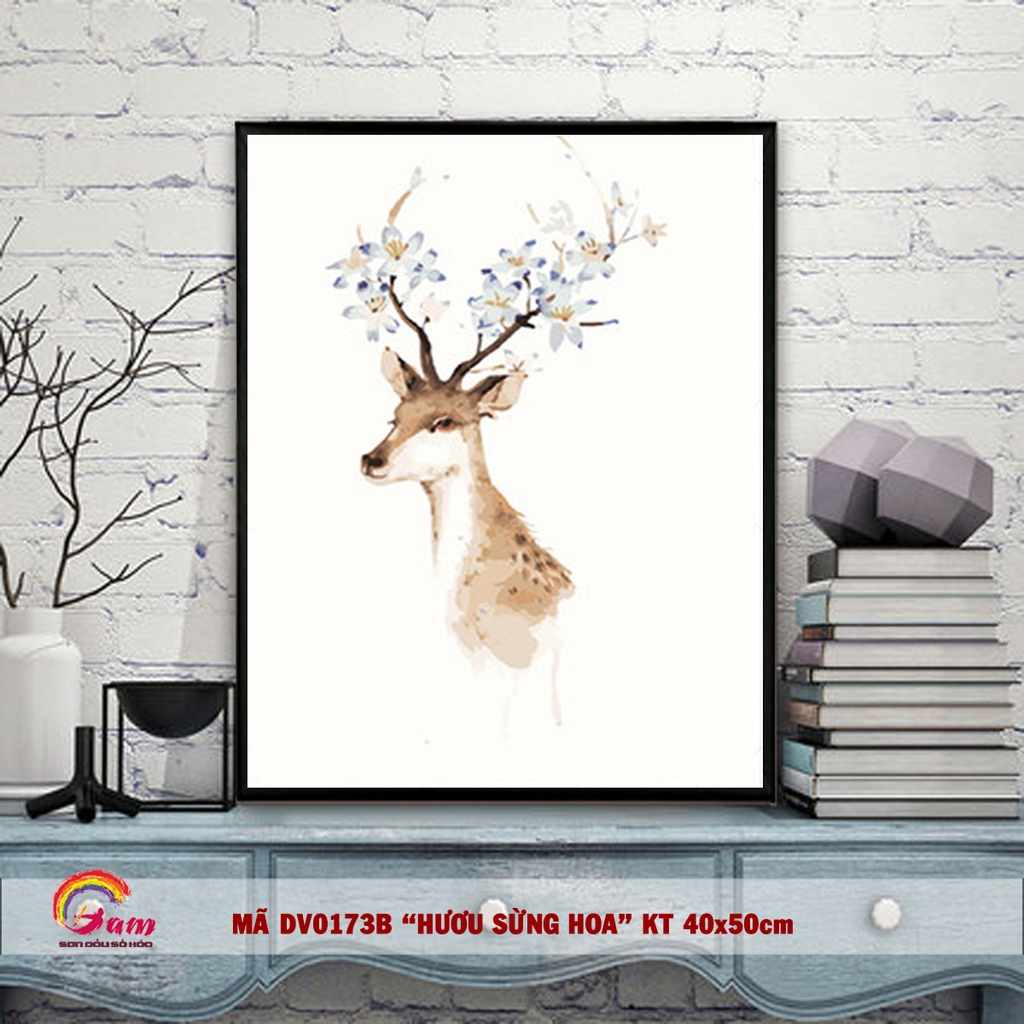 Tranh tô màu theo số sơn dầu số hóa Hươu sừng hoa DV0173B