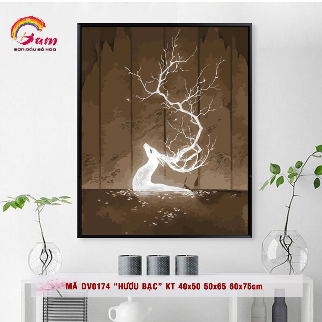 Tranh sơn dầu số hoá tự tô màu Gam Hươu Bạc Tranh hươu nai tuần lộc DV0174