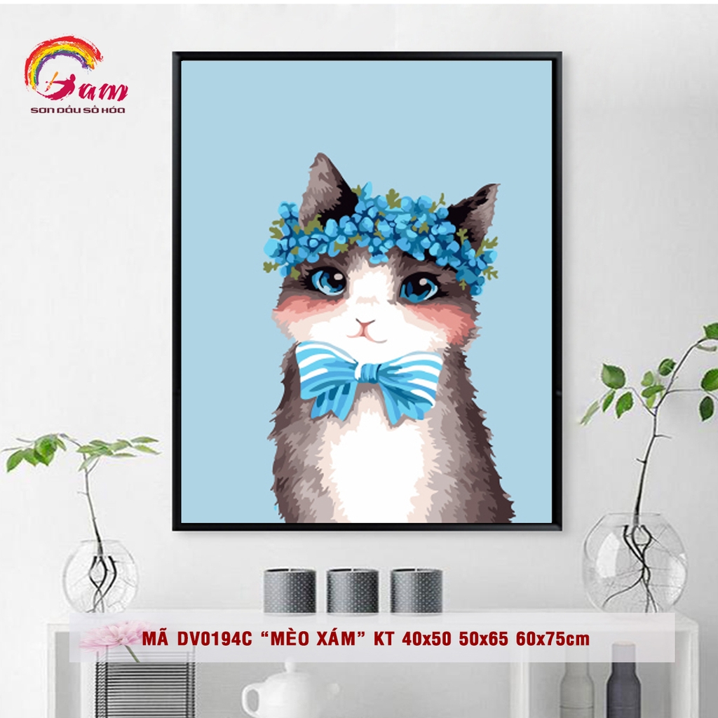 Tranh sơn dầu số hóa tự tô màu theo số Gam - Tranh mèo xám đội vòng hoa mã DV0194C