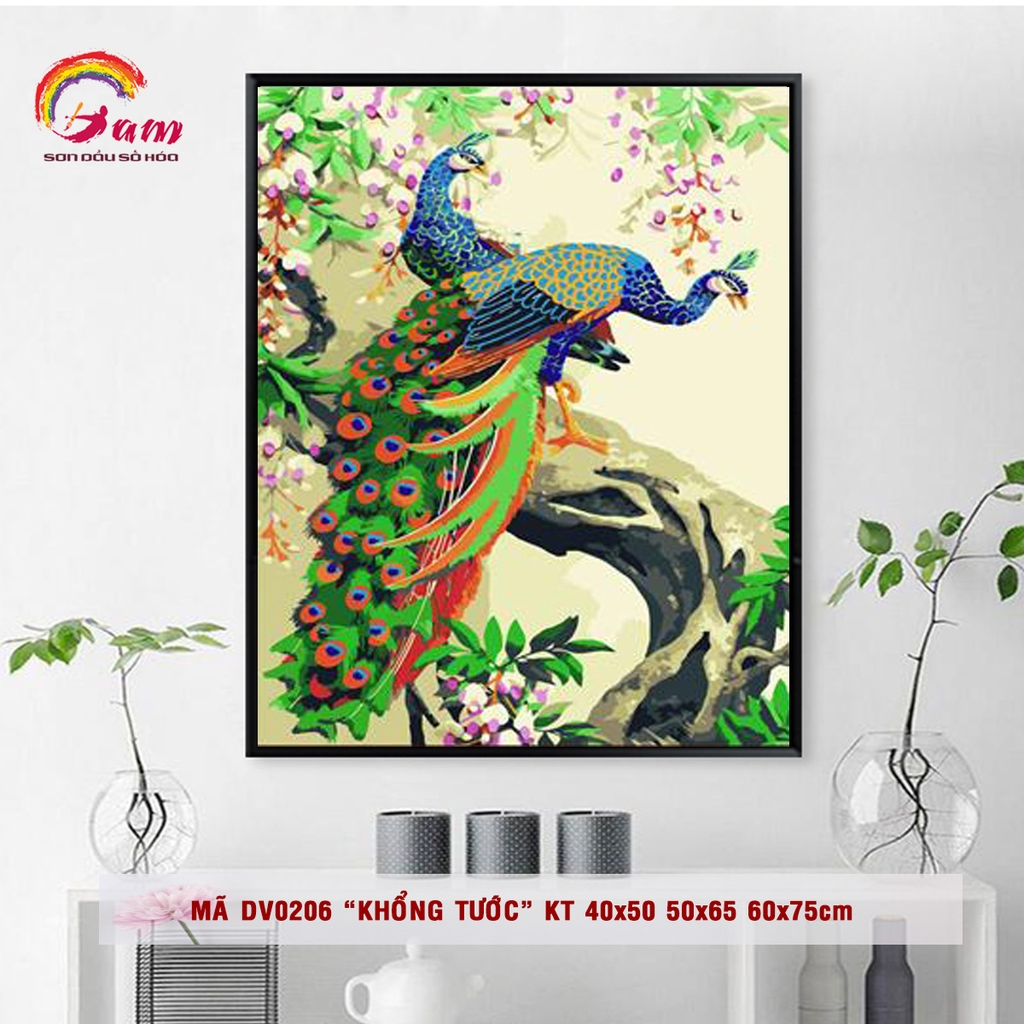 Tranh sơn dầu số hoá tự tô Gam Mã DV0206 Tranh đôi công khổng tước