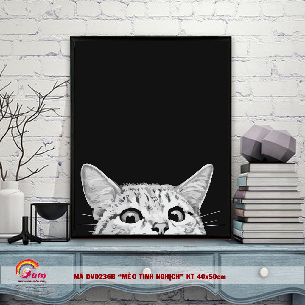 Tranh tô màu theo số sơn dầu số hóa Mèo xám tinh nghịch DV0236B