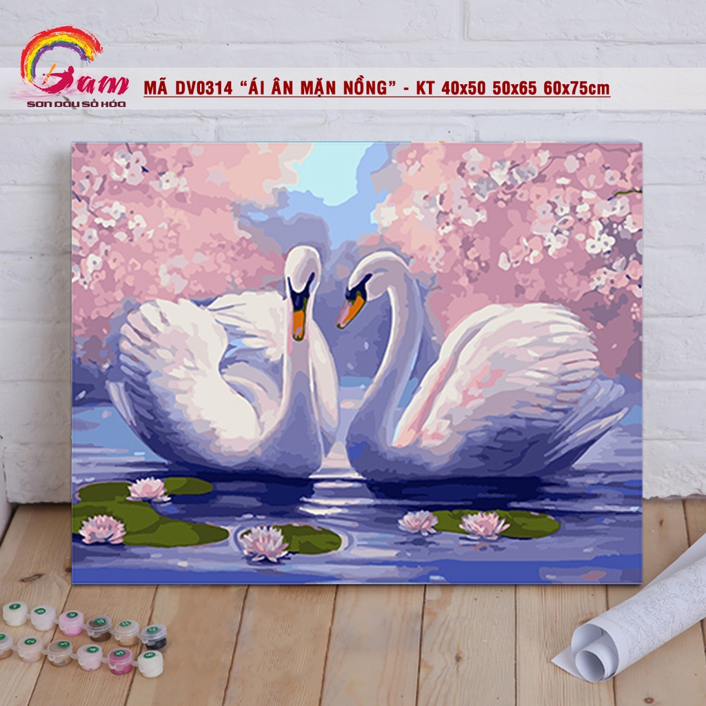 Tranh sơn dầu treo tường số hoá tự tô DIY - Mã DV0314 Ân ái mặn nồng đôi thiên nga