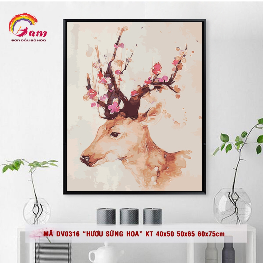 Tranh tô màu sơn dầu số hoá Gam Hươu sừng hoa DV0316