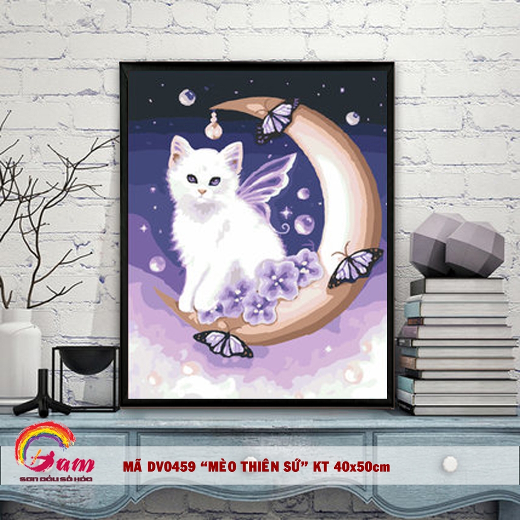 Tranh sơn dầu tự tô màu số hoá DIY trang trí - Mã DV0459 Mèo thiên sứ tiểu thư mèo Tranh con vật thú cưng