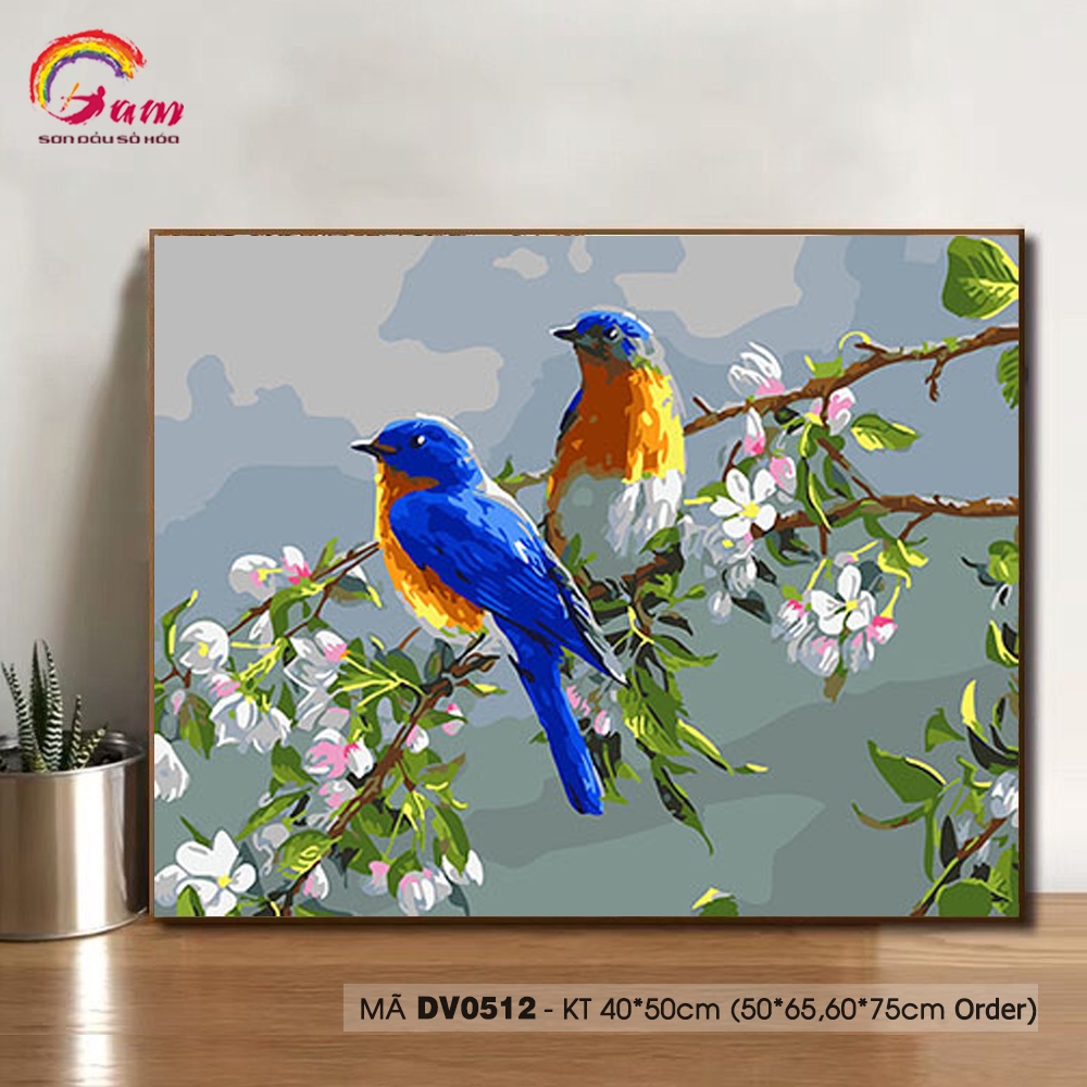 Tranh sơn dầu kỹ thuật số tự tô màu DIY - Mã DV0512 Đôi chim trên cành hoa mùa xuân Tranh con vật động vật