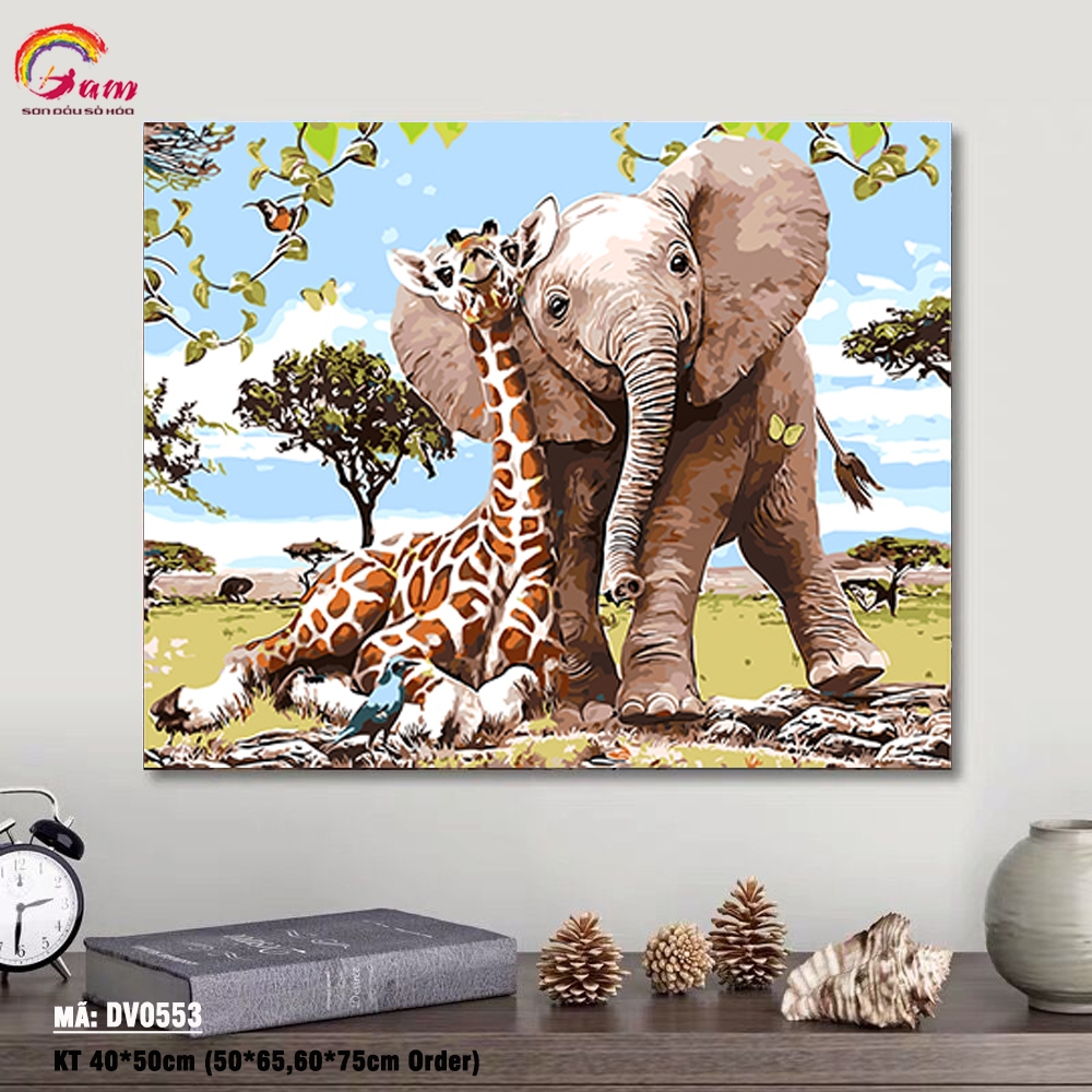 Tranh tự tô màu DIY sơn dầu số hóa về động vật - Mã DV0553 Voi và hươu