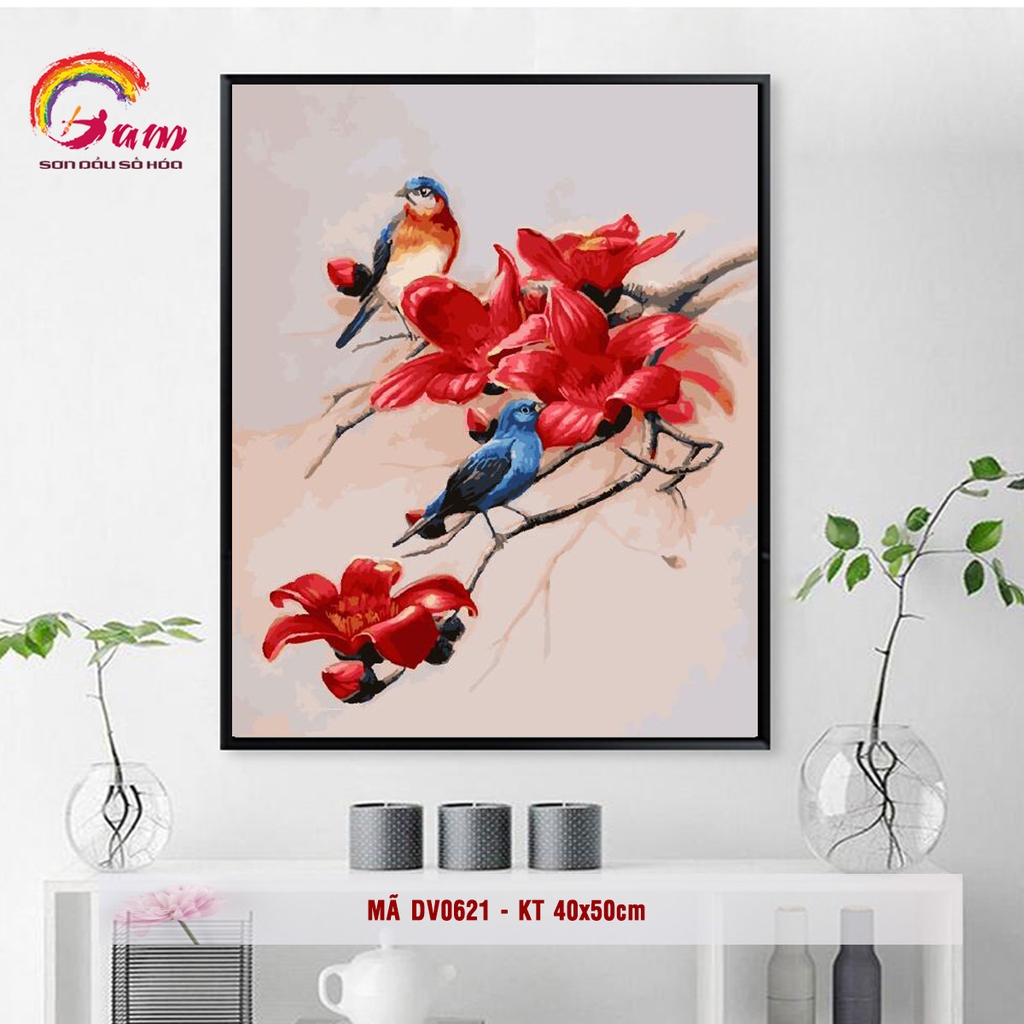Tranh tô màu theo số động vật Chim và hoa gạo DV0621