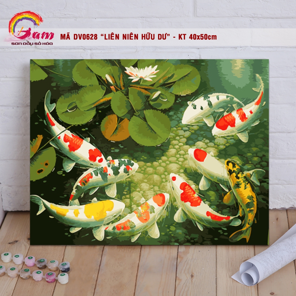 Tranh sơn dầu số hoá cá chép hoa sen Gam DV0628