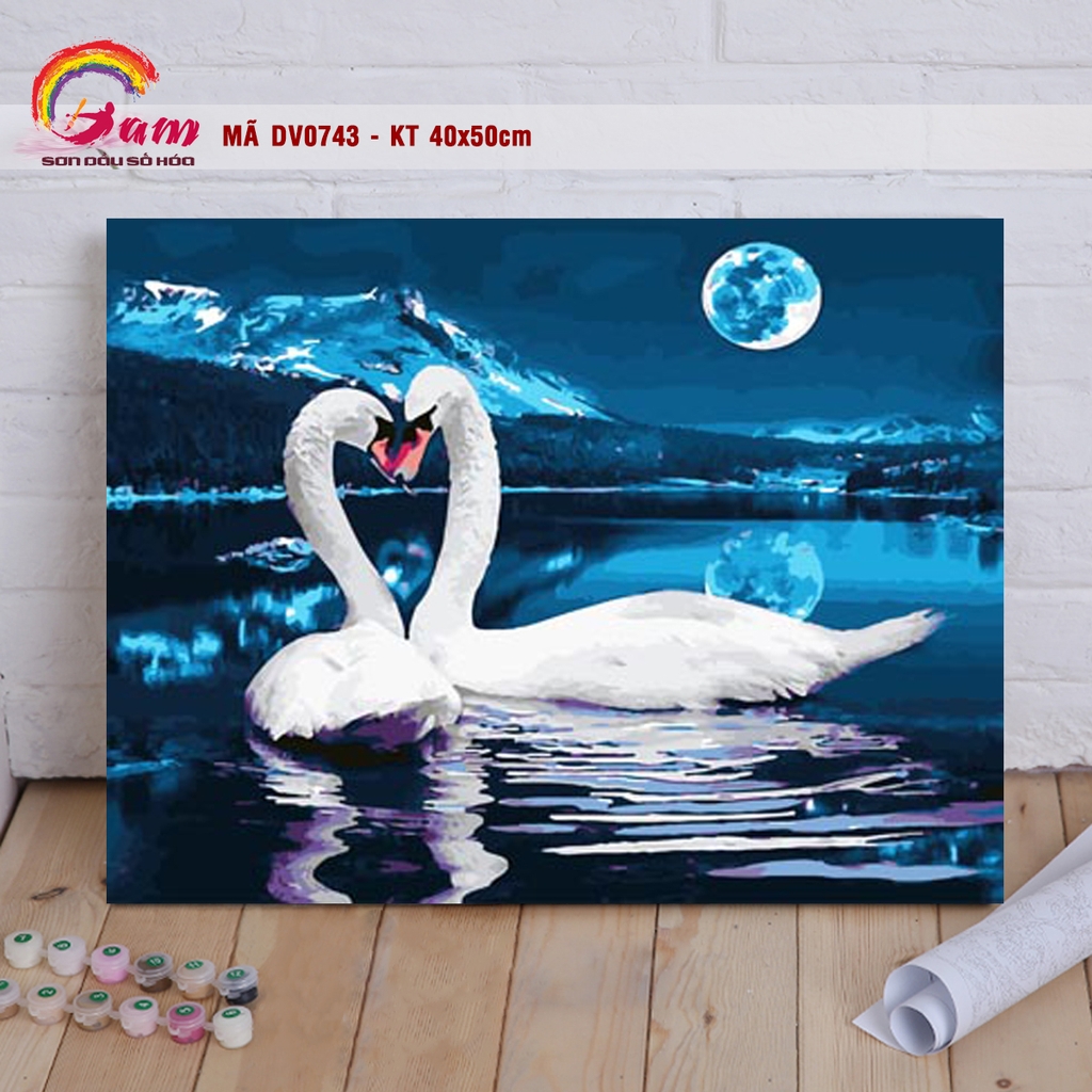 Tranh tự tô màu DIY sơn dầu số hóa về động vật - Mã DV0743 Đôi thiên nga trắng dưới trăng Tranh tình yêu