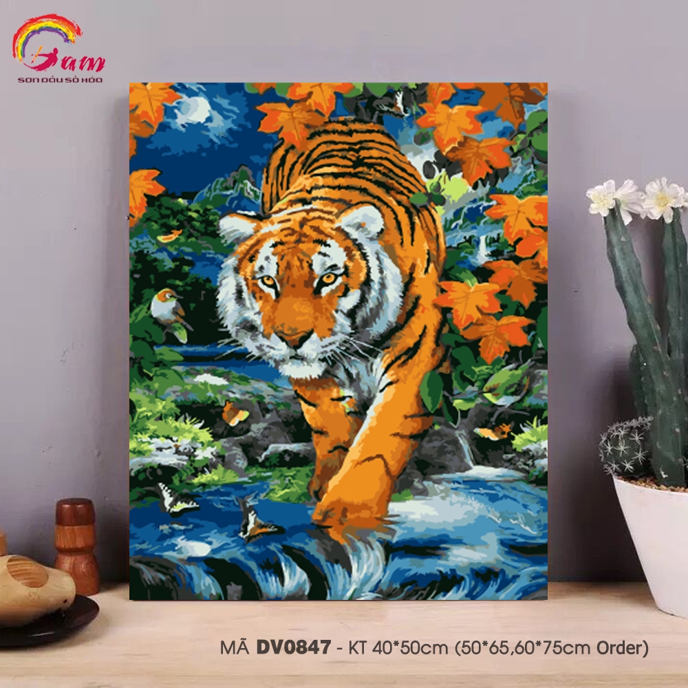 Tranh tự tô màu sơn dầu số hóa DIY động vật - Mã DV0847 Mãnh hổ lội suối