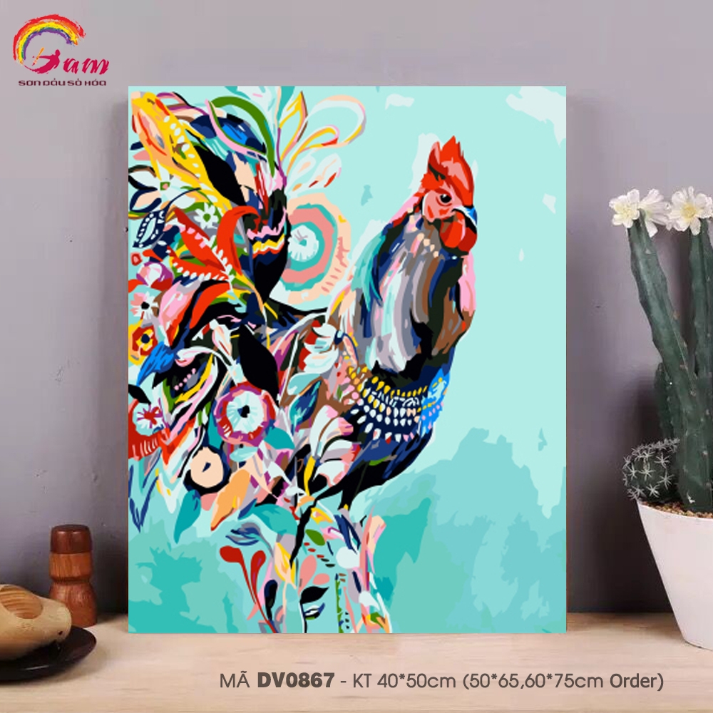 Tranh tô màu theo số DV0867 Tranh sơn dầu số hóa động vật Chú gà trống nhiều màu sắc