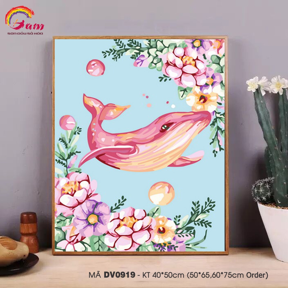 Tranh tự tô màu theo số sơn dầu số hóa Gam Tranh cá voi và hoa hồi sinh DV0919