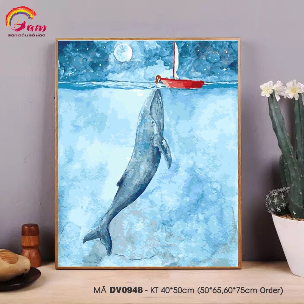 Tranh tô màu theo số sơn dầu số hóa Gam Tranh chú cá voi xanh và chiếc thuyền trên biển DV0948