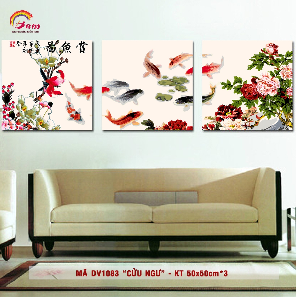 Tranh sơn dầu số hoá DIY tự vẽ - Bộ tranh Cá chép hoa mẫu đơn Mã DV1083