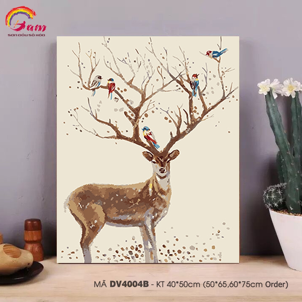 Tranh tô màu theo số sơn dầu số hóa tự vẽ DV4004B Hươu và bầy chim Tranh hươu lộc cầu may mắn