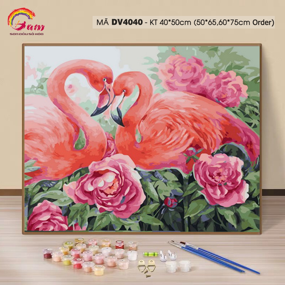 Tranh tô màu theo số hồng hạc và hoa mẫu đơn DV4040