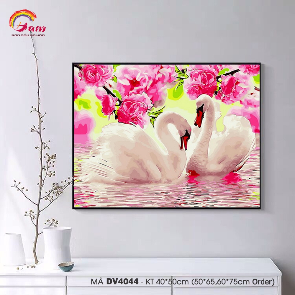 Tranh sơn dầu số hóa tự tô màu Gam đôi thiên nga trắng bên hoa anh đào DV4044