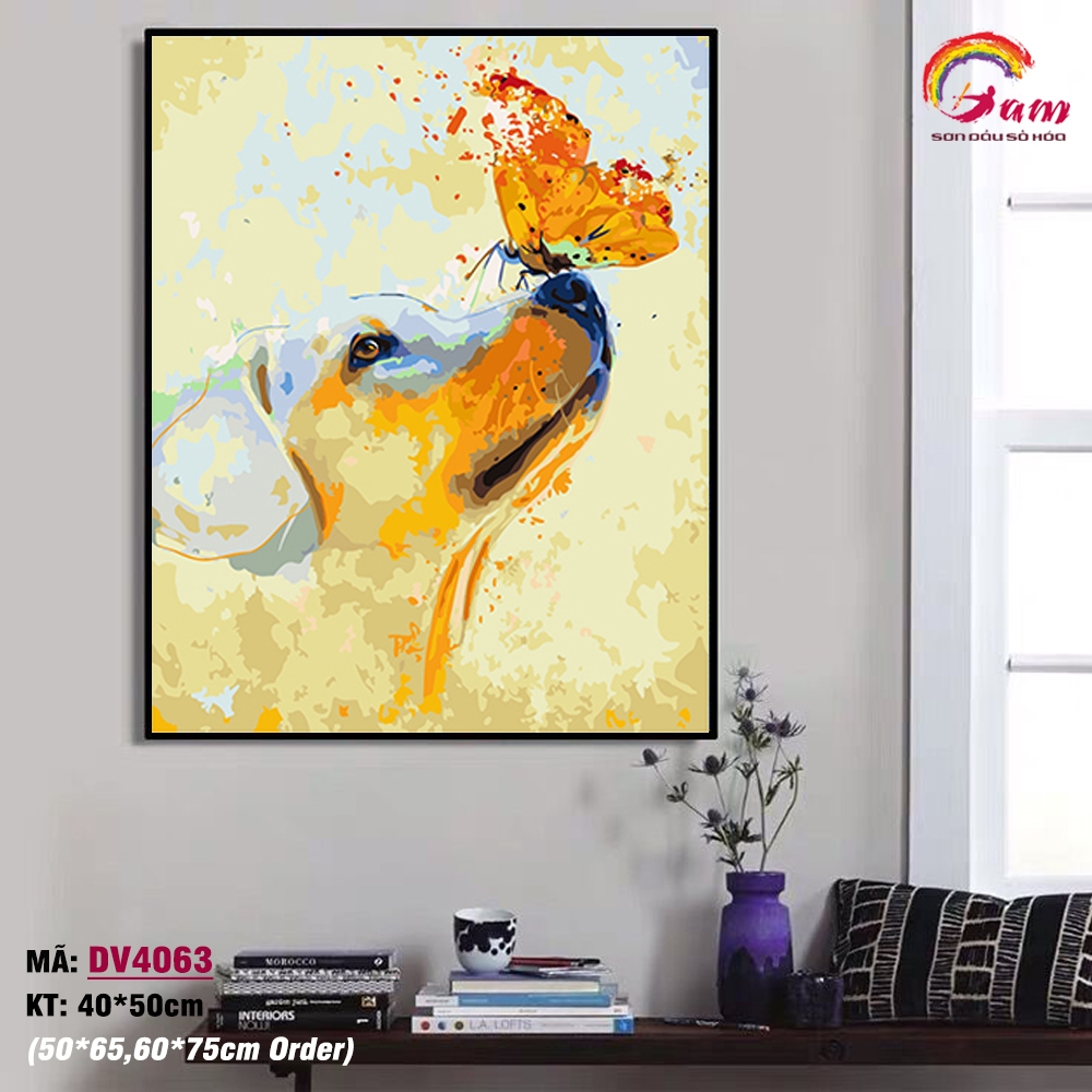 Tranh tô màu theo số sơn dầu số hóa Gam chó và bướm vàng DV4063