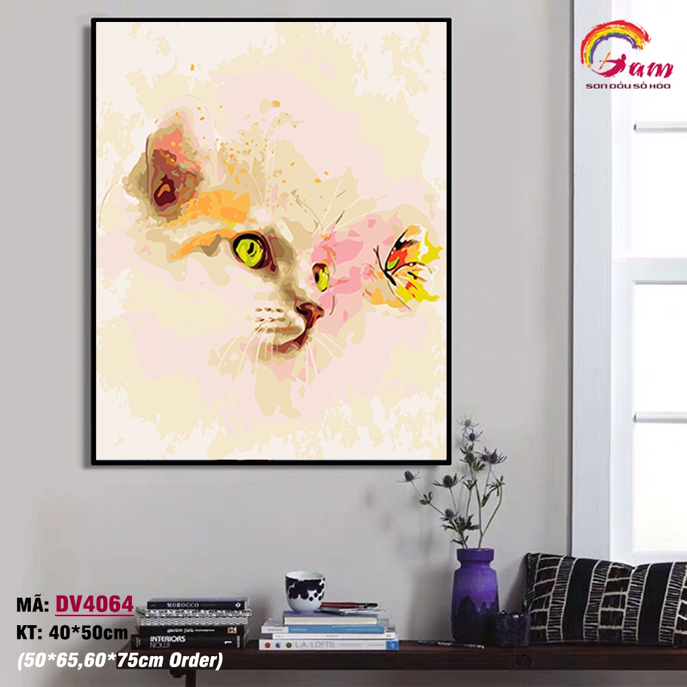 Tranh tô màu theo số sơn dầu số hóa Gam mèo và bướm vàng DV4064