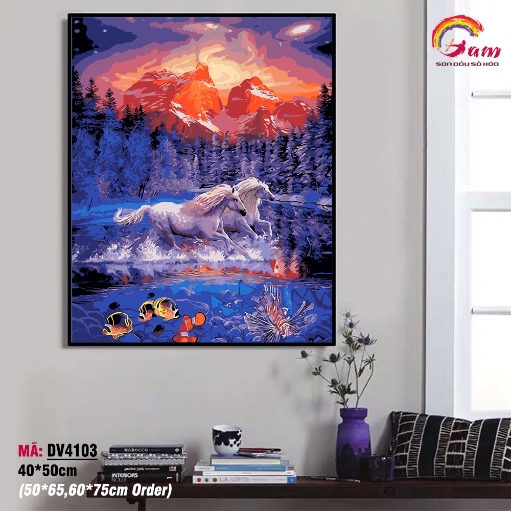 Tranh sơn dầu số hóa tô màu theo số Gam Đôi ngựa trắng song mã DV4103