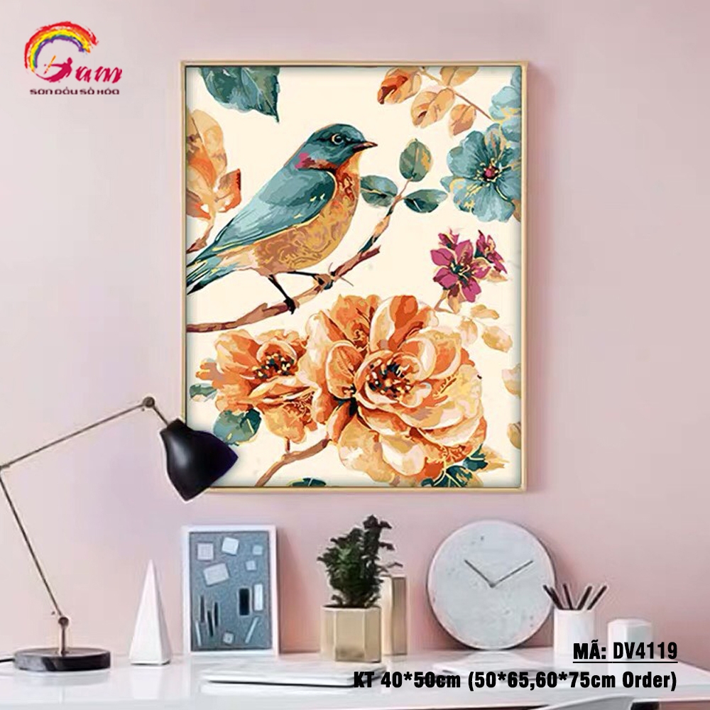 Tranh sơn dầu số hóa tự tô Gam Chim và hoa DV4119