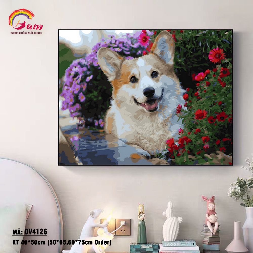 Tranh sơn dầu số hóa tự tô Gam Chó Corgi dễ thương DV4126