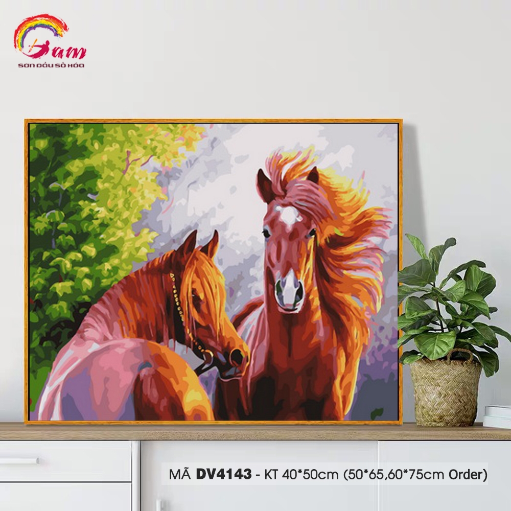 Tranh sơn dầu số hóa tự tô Gam Đôi ngựa DV4143