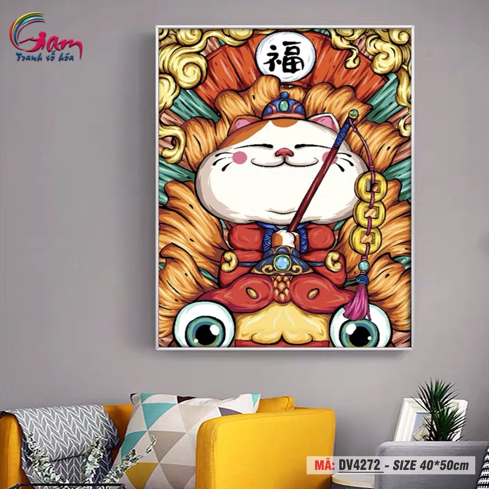 Tranh trang trí tự tô màu theo số Gam Mèo chiêu tài chữ Phúc DV4272