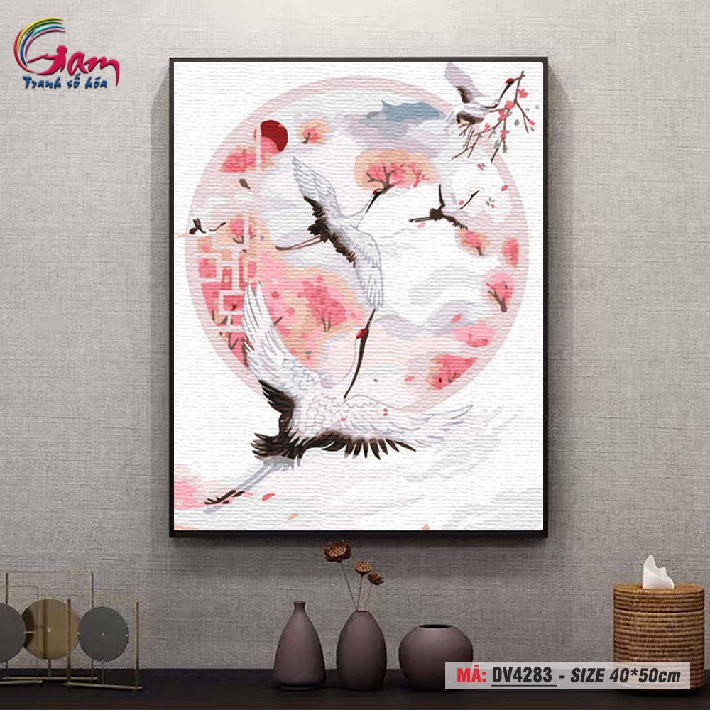 Tranh trang trí tự tô màu theo số Gam Tranh hạc trắng hoa đào DV4283