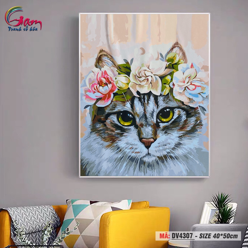 Tranh tô màu theo số cho người lớn Gam Mèo đội vòng hoa DV4307