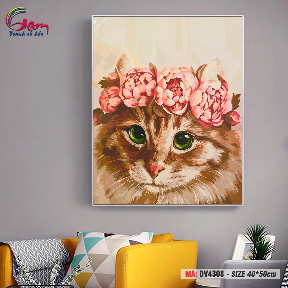 Tranh tô màu theo số cho người lớn Gam Mèo đội vòng hoa DV4308