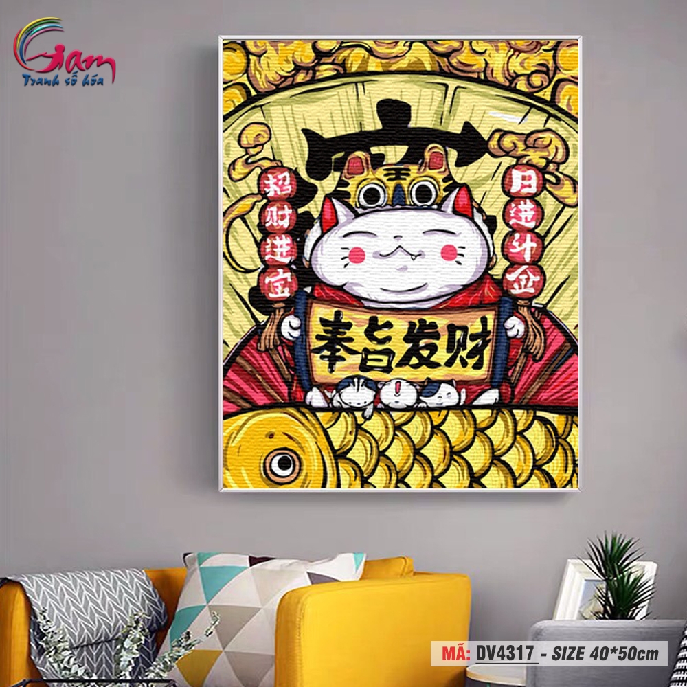 Tranh trang trí tự tô màu theo số Gam Mèo chiêu tài mèo thần tài DV4317