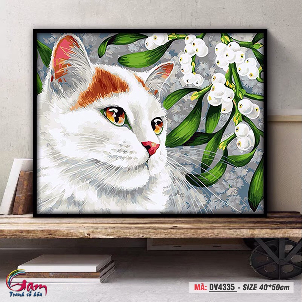 Tranh sơn dầu số hoá tự tô Gam chú mèo trắng DV4335