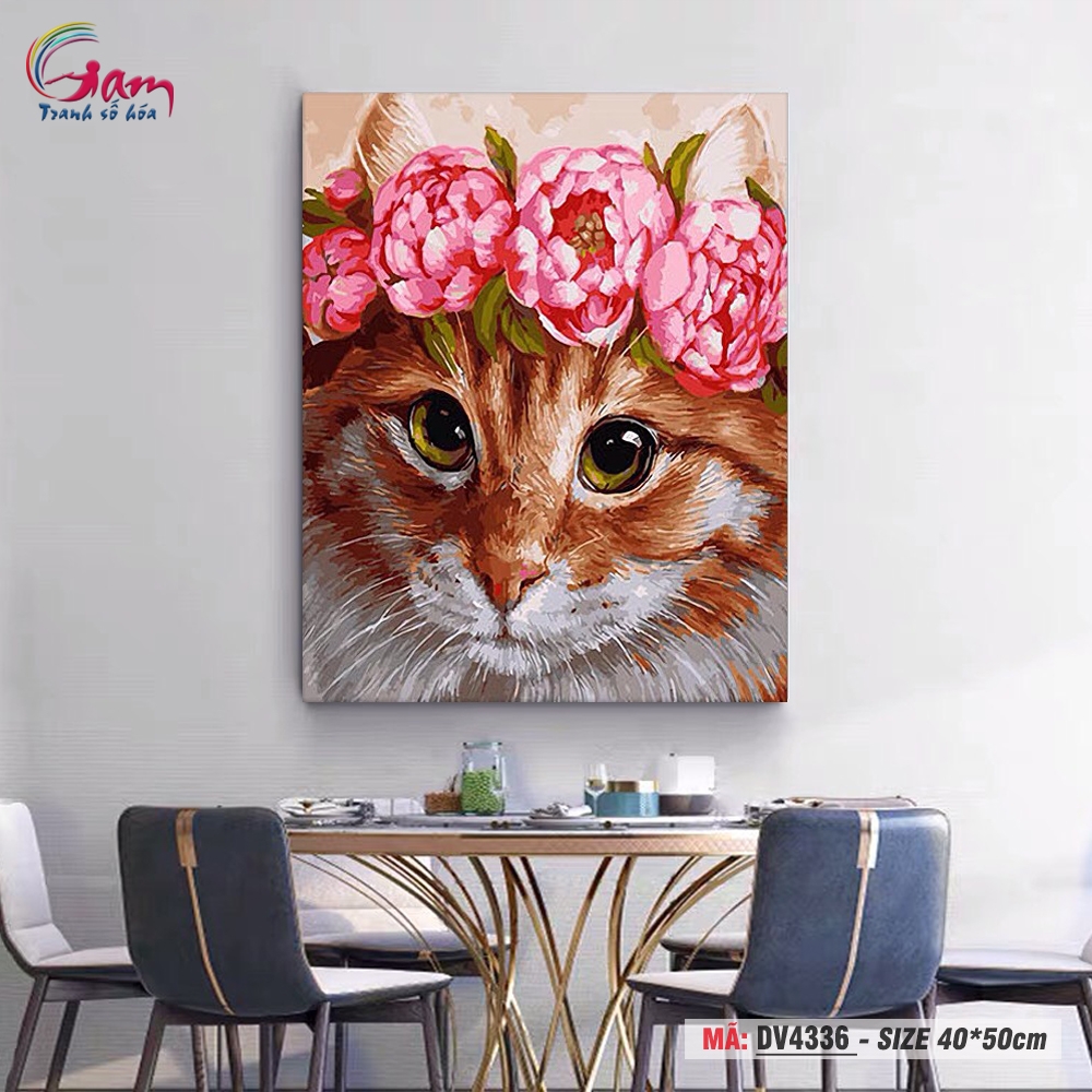 Tranh tô màu theo số Gam chú mèo đội hoa DV4336