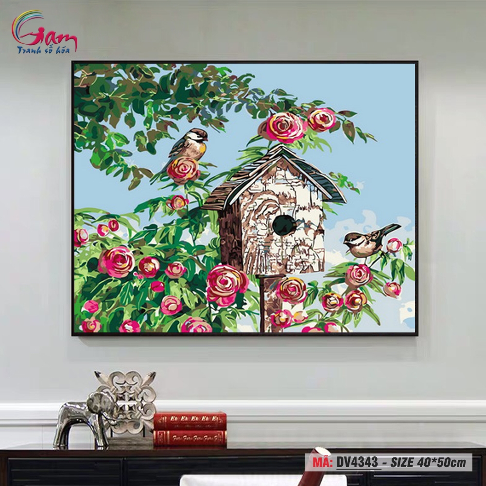 Tranh tô màu theo số Gam chú chim trên cành hoa hồng DV4343