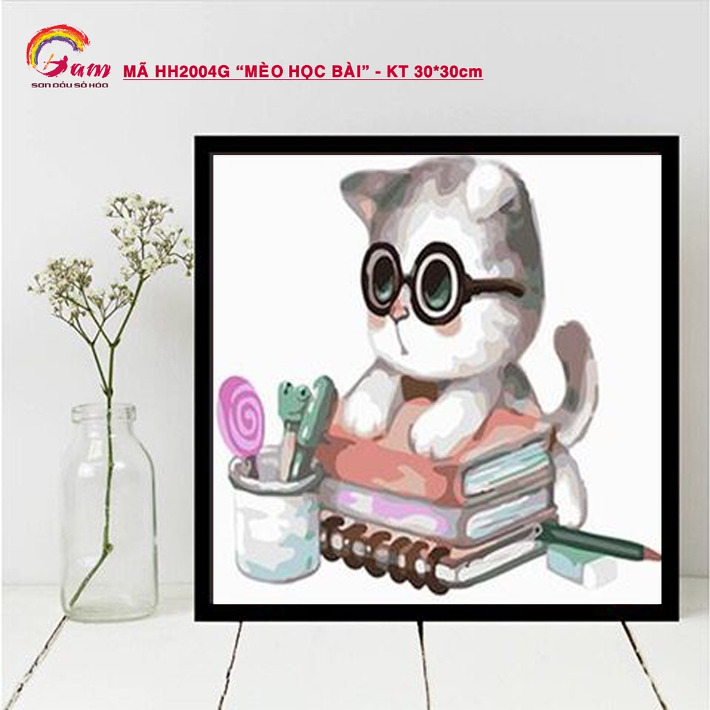 Tranh sơn dầu số hóa tự tô Gam HH2004 30x30cm căng sẵn khung - HH2004E Mèo Donut