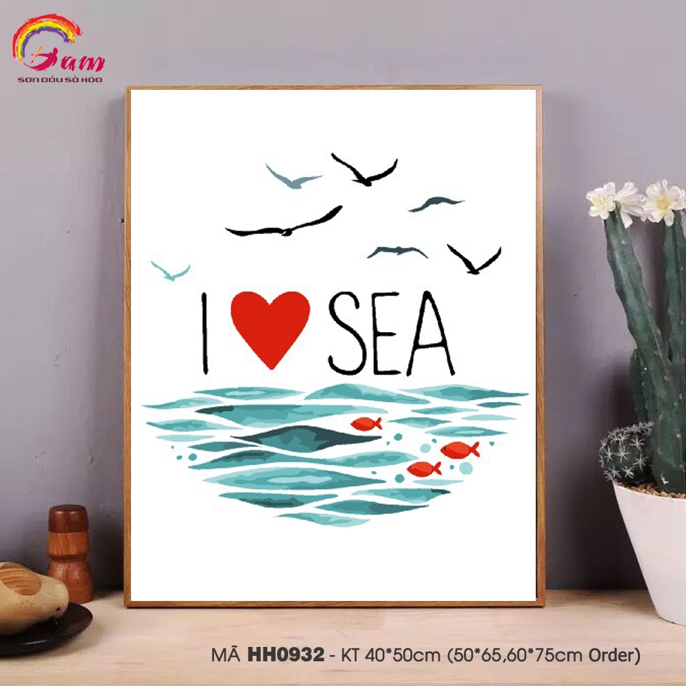 Tranh tô màu số hóa Gam Biển xanh và chim Hải âu hiện đại đơn giản dễ vẽ I love sea HH0932