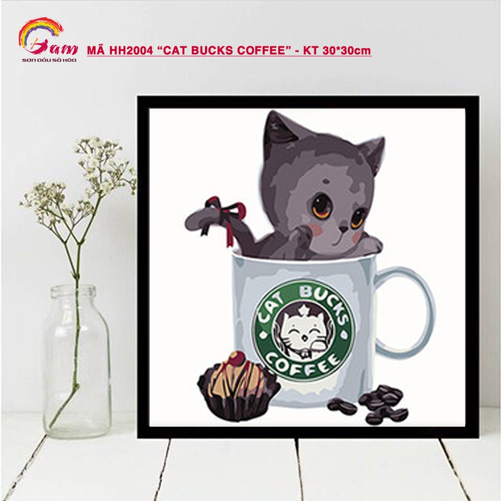 Tranh sơn dầu số hóa tự tô Gam HH2004 30x30cm căng sẵn khung - HH2004E Mèo Donut