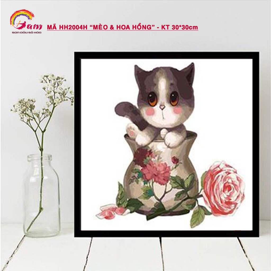 Tranh sơn dầu số hóa tự tô Gam HH2004 30x30cm căng sẵn khung - HH2004E Mèo Donut
