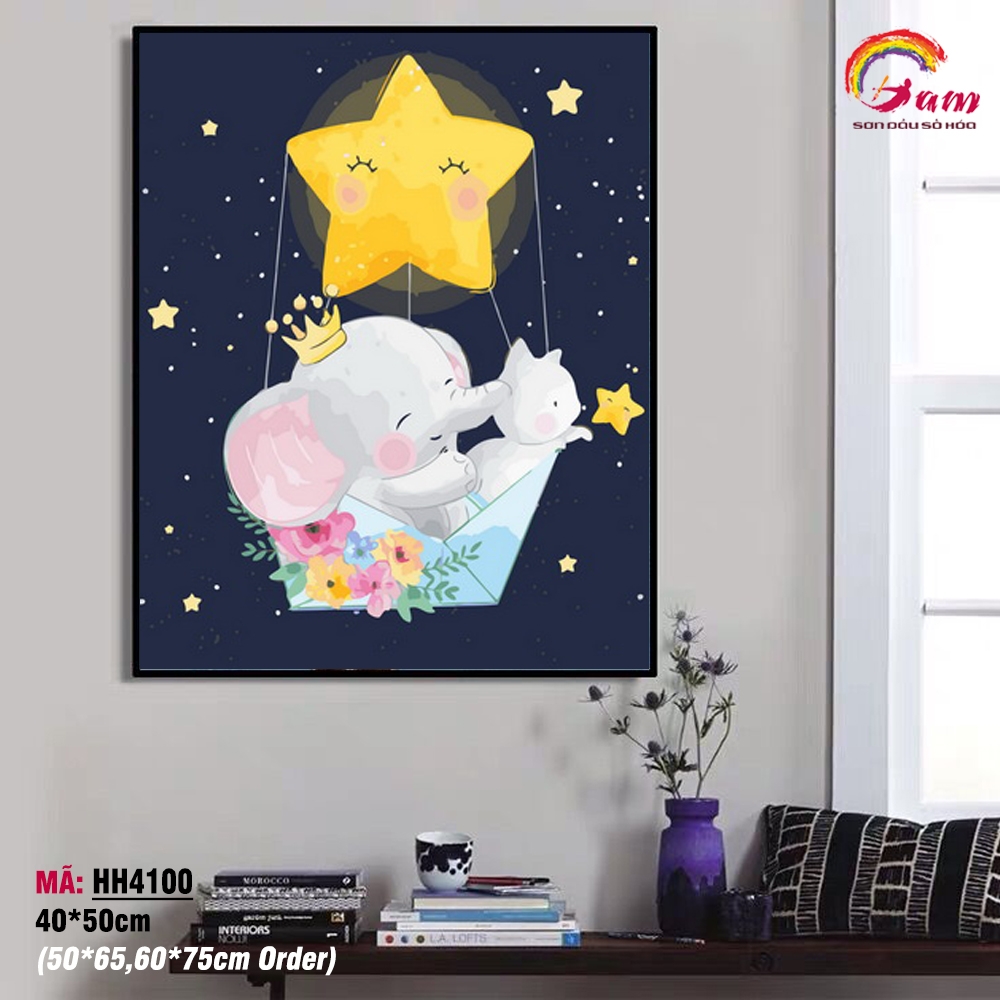 Tranh sơn dầu số hóa tô màu theo số Gam Chú voi ngộ nghĩnh cho trẻ em HH4100