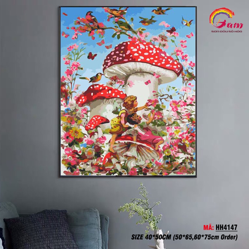 Tranh tô màu theo số Gam hai cậu bé giữa rừng nấm HH4147