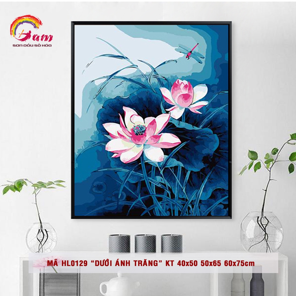 Tranh sơn dầu số hóa DIY tự vẽ Gam Tranh sen thủy mặc Hồ sen dưới trăng mã HL0129