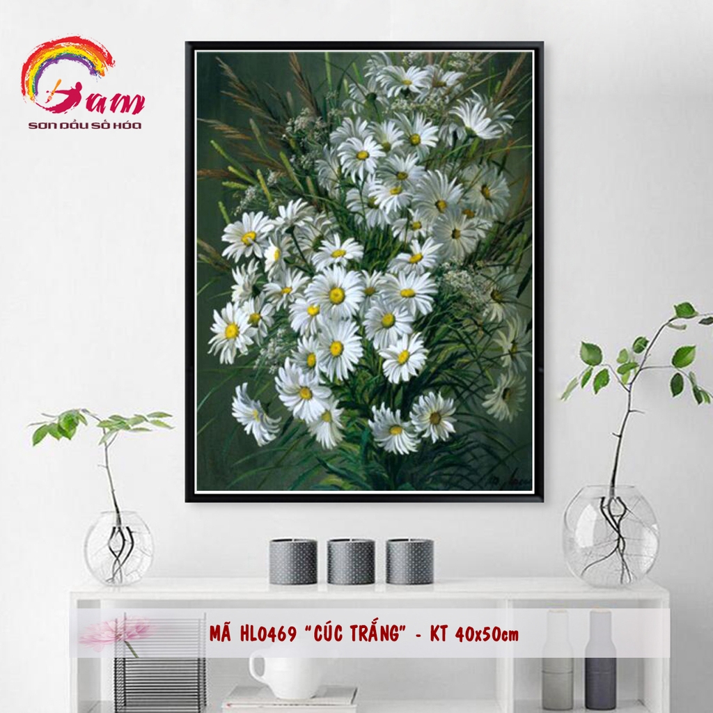 Tranh tự tô màu sơn dầu kỹ thuật số DIY hoa cỏ - Mã HL0469 Cúc trắng