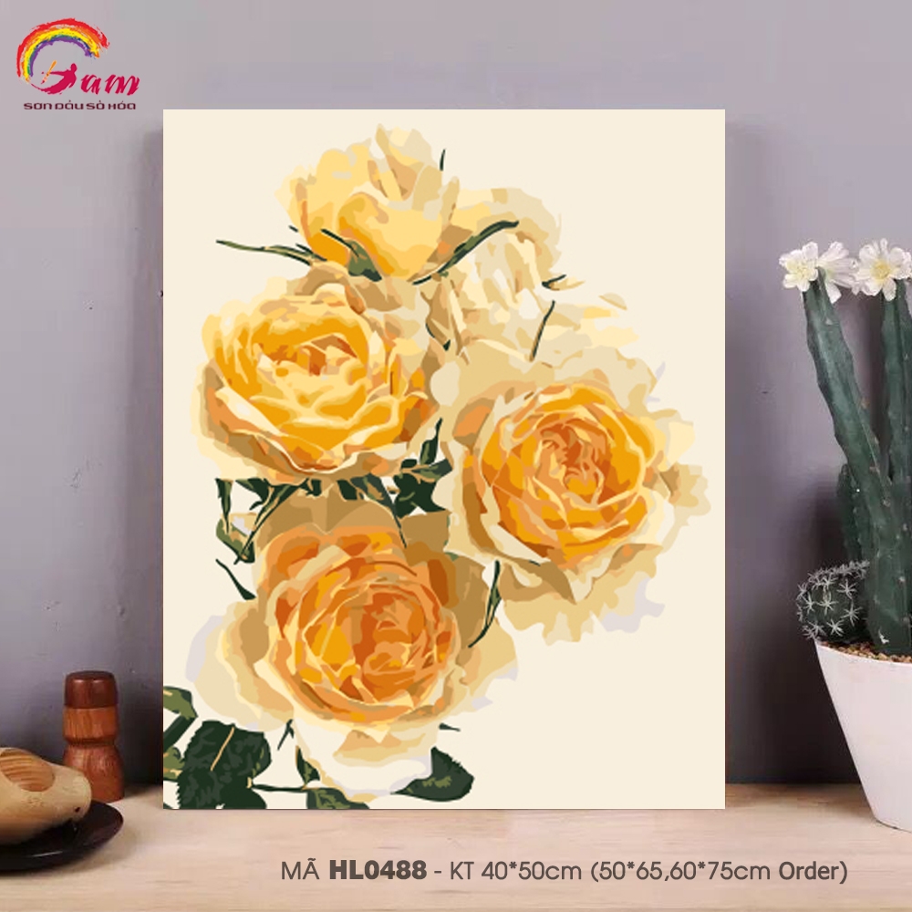 Tranh tự tô màu sơn dầu số hóa DIY các loại hoa - Tranh hoa hồng vàng mã HL0488
