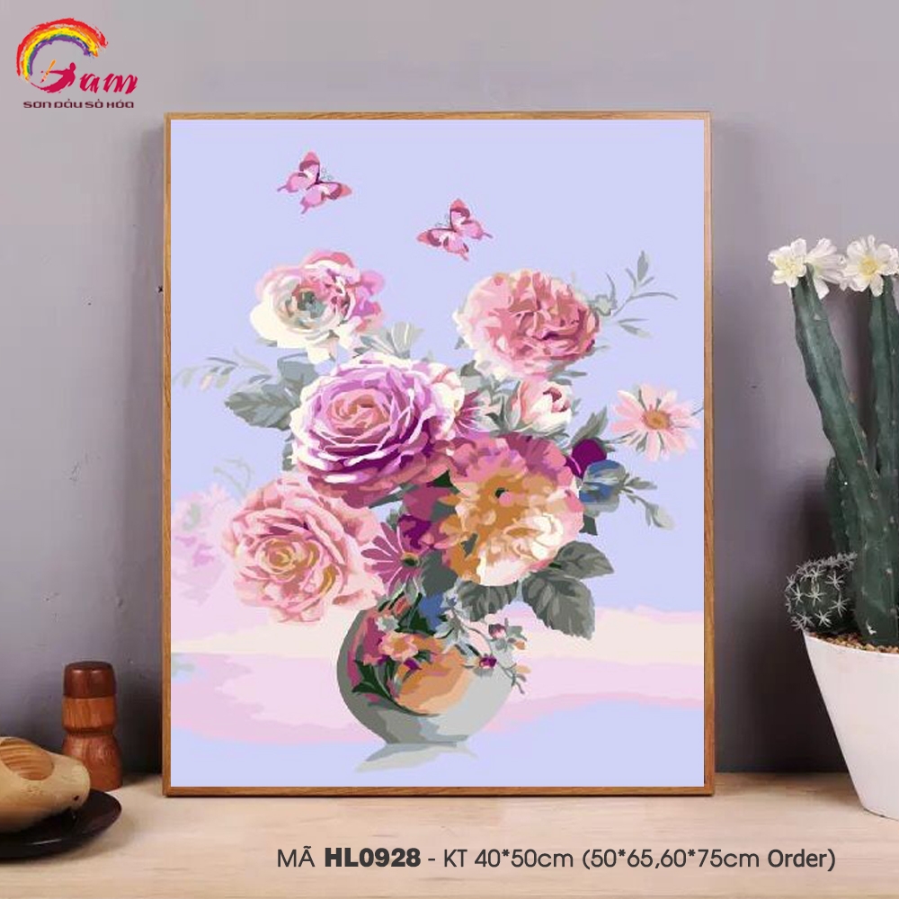 Tranh sơn dầu tự tô số hoá Gam Tranh hoa mẫu đơn nhẹ nhàng trang trí phòng khách HL0928