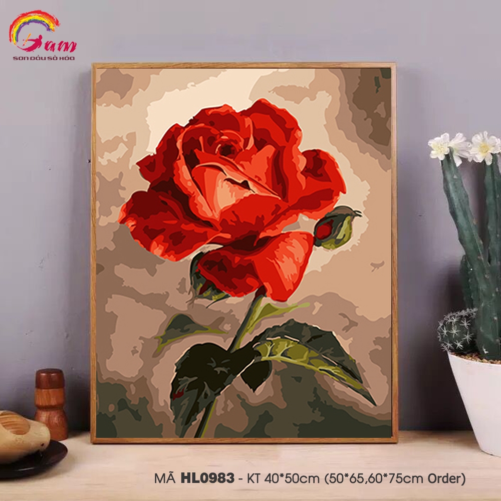 Tranh tô màu theo số sơn dầu số hóa hoa hồng đỏ HL0983