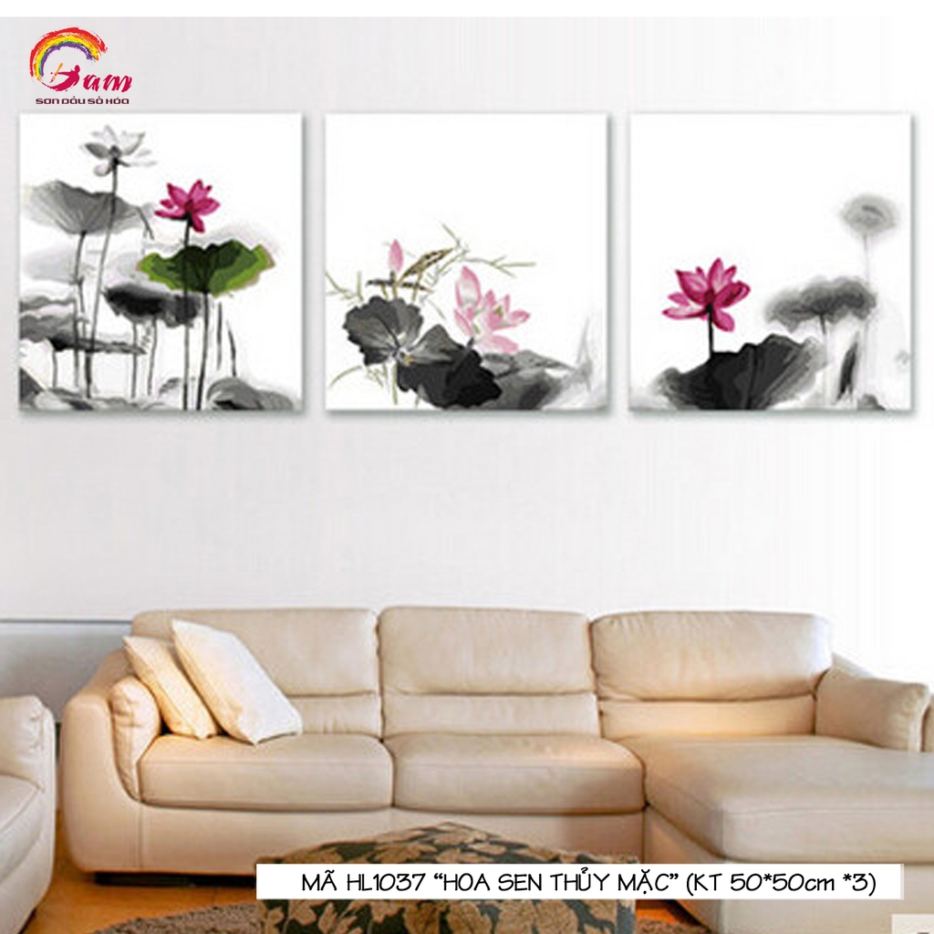 Bộ 3 tranh Sơn dầu số hoá DIY tự vẽ - Mã HL1037 Hoa sen thuỷ mặc