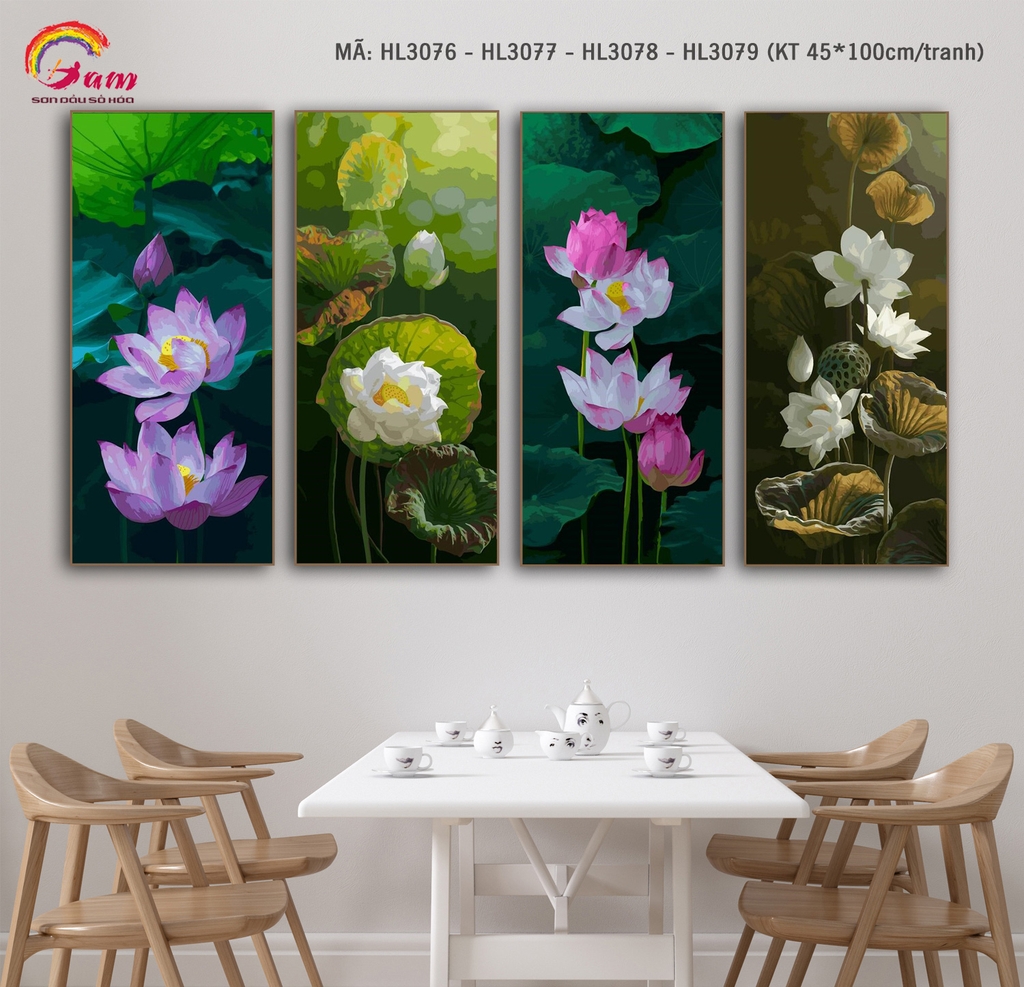 Tranh tô màu theo số Hoa Sen Gam HL307x khổ lớn 45x100cm KHÔNG KHUNG