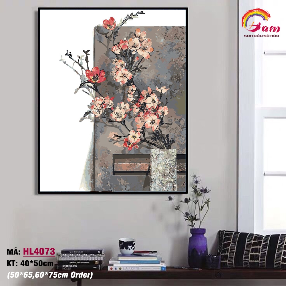Tranh tô màu theo số sơn dầu số hóa Gam Hoa anh đào cổ HL4073